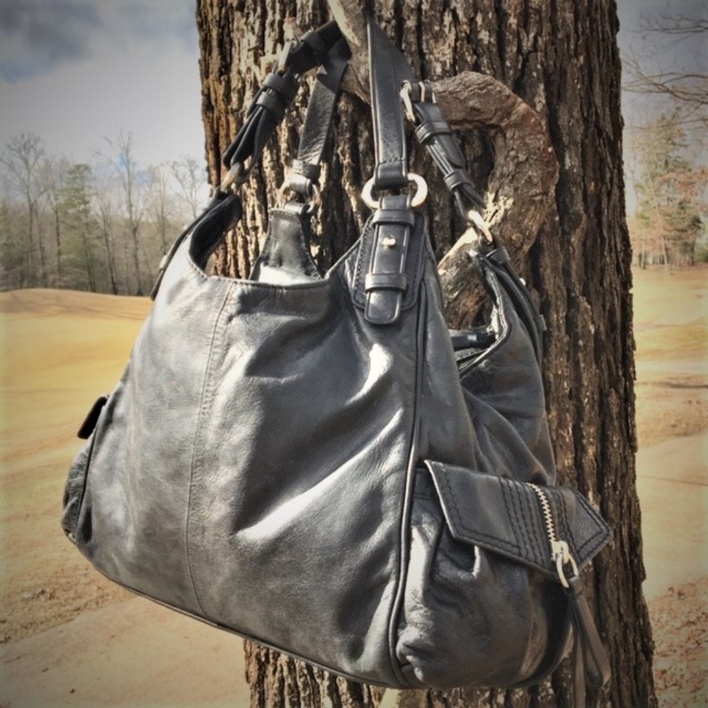 Italian Designer Francesco Biasia Black Leather Hobo Punk Biker Handbag Purse - Picture 8 of 11